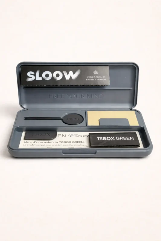 Boîte à rouler CBD TOBOX Green kit complet avec accessoires papier Sloow et compartiments intégrés