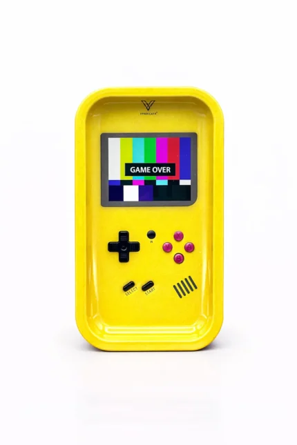 plateau cbd gameboy jaune vue face design retro accessoire cbd preparation fleurs