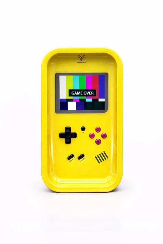 plateau cbd gameboy jaune vue face design retro accessoire cbd preparation fleurs